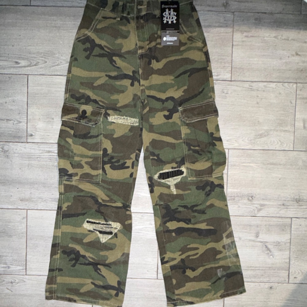 Supermade Camouflage Distressed Straight Leg Cargo Pants Green Brown Black